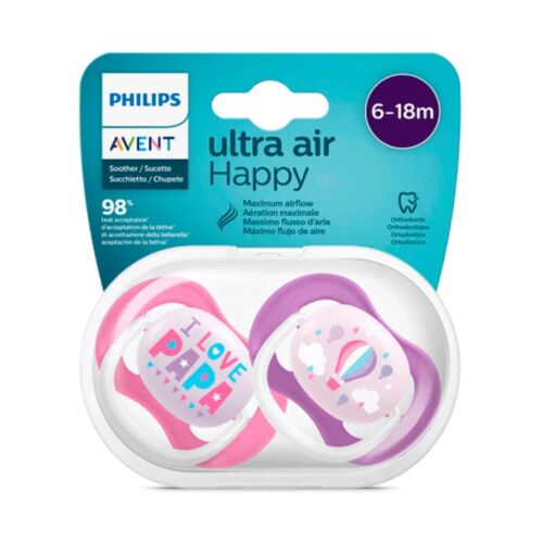 AVENT 2 CHUPETES ULTRA AIR 6-18 NIÑA HAPPY PAP/BA