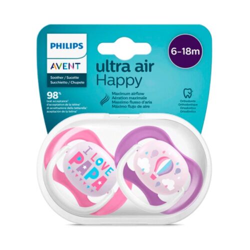 AVENT 2 CHUPETES ULTRA AIR 6-18 NIA HAPPY PAP/BA