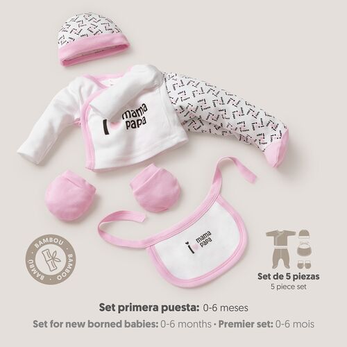 INTERBABY SET 5 PZAS REGALO I LOVE MAMA-PAPA ROSA BAMBU