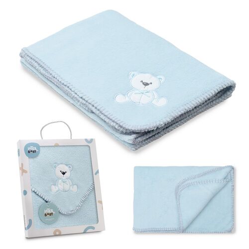 INTERBABY MANTA BORDADA OSO LAZO AZUL 80X110
