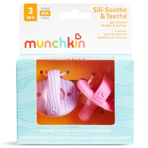 MUNCHKIN PACK CHUPETES-MORDEDORES SILICONA +3M LILA/ROSA