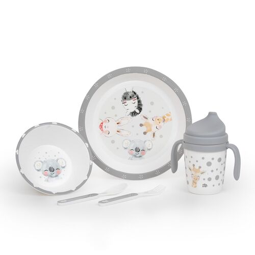 INTERBABY SET VAJILLA 5 PCS ANIMALES ACUARELA GRIS